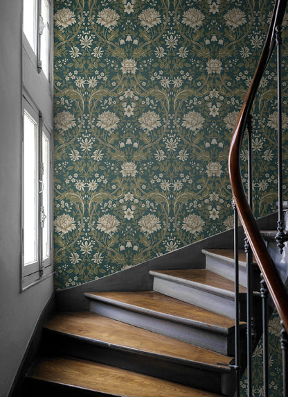 Staircase with wooden steps and a wall decorated with Teal Woodbine Trail Peel & Stick Casa Mia Wallcovering.
