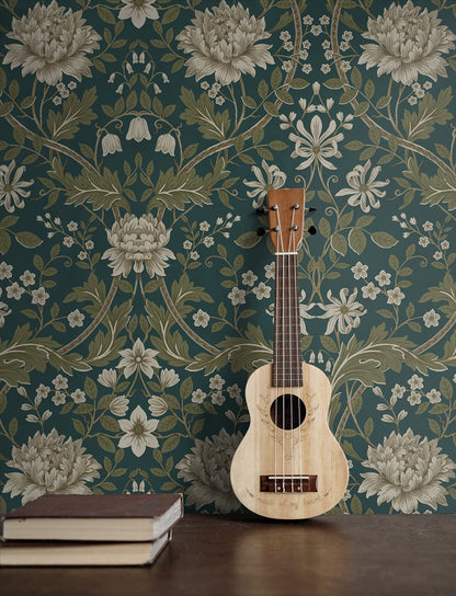 Wooden ukulele against a floral wallpapered wall decorated with Teal Woodbine Trail Peel & Stick Casa Mia Wallcovering and books on a surface.