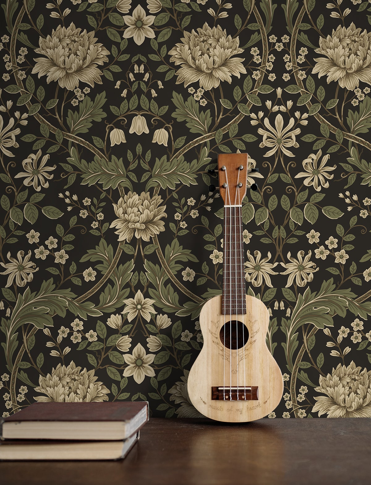 Wooden ukulele against a floral wallpapered wall decorated with Brown Woodbine Trail Peel & Stick Casa Mia Wallcovering and books on a surface.
