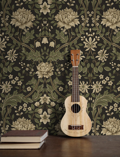 Wooden ukulele against a floral wallpapered wall decorated with Brown Woodbine Trail Peel & Stick Casa Mia Wallcovering and books on a surface.
