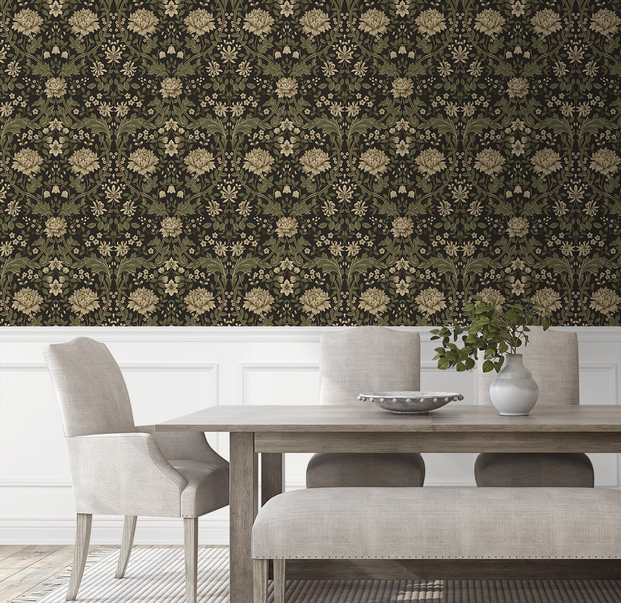 Dining room with floral patterned wallpaper Brown Woodbine Trail Peel & Stick Casa Mia Wallcovering, wooden table, and gray chairs.