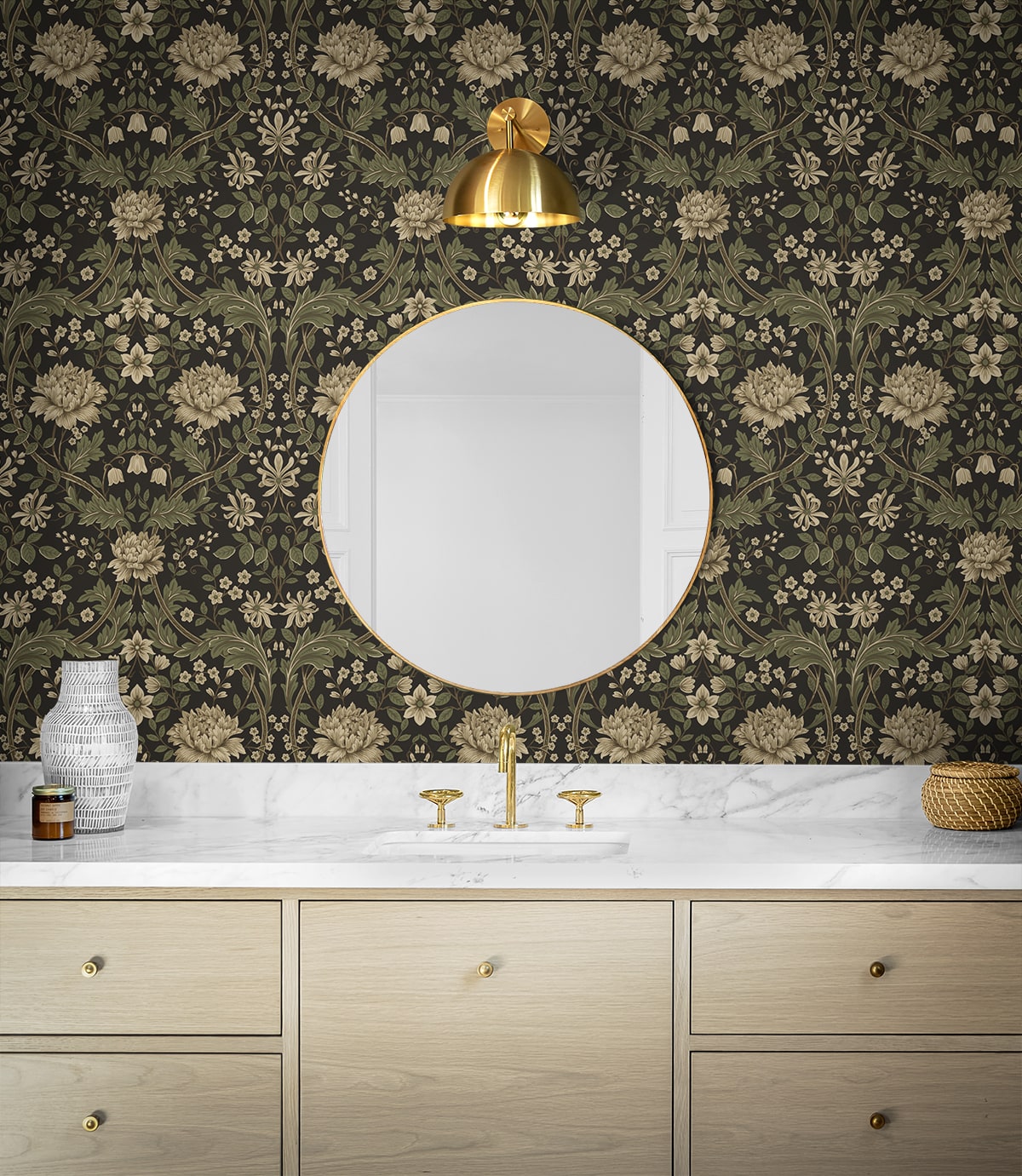 Bathroom with wall decorated with Brown Woodbine Trail Peel & Stick Casa Mia Wallcovering, round mirror, and wooden vanity.