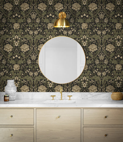 Bathroom with wall decorated with Brown Woodbine Trail Peel & Stick Casa Mia Wallcovering, round mirror, and wooden vanity.