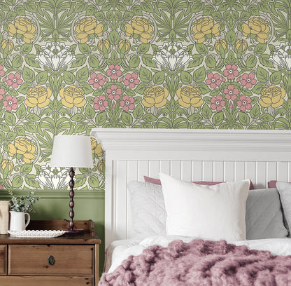 Bedroom wall decorated with Multicolored Antique Rose Peel & Stick Casa Mia Wallcovering, bed, and wooden nightstand.