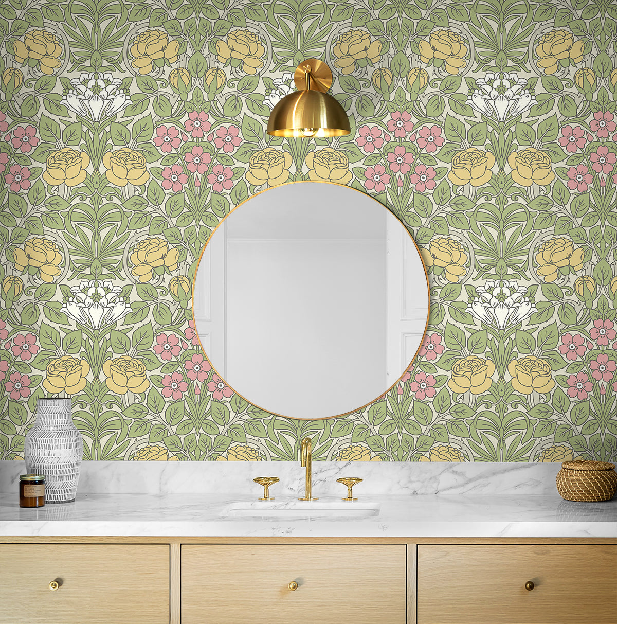 Bathroom wall decorated with Multicolored Antique Rose Peel & Stick Casa Mia Wallcovering, round mirror, and marble countertop.