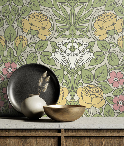Decorative wallpaper and decorative items Multicolored Antique Rose Peel & Stick Casa Mia Wallcovering on a wooden surface