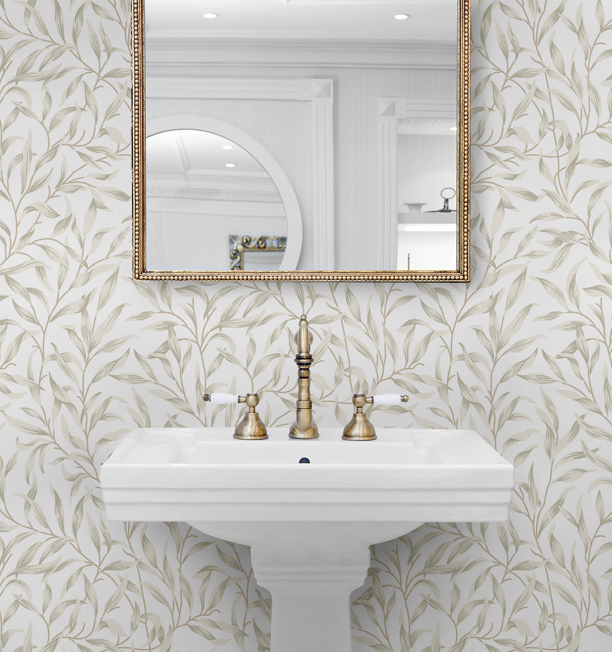 Bathroom with a sink, gold fixtures, and Beige Leafy Branches Peel & Stick Casa Mia Wallcovering.