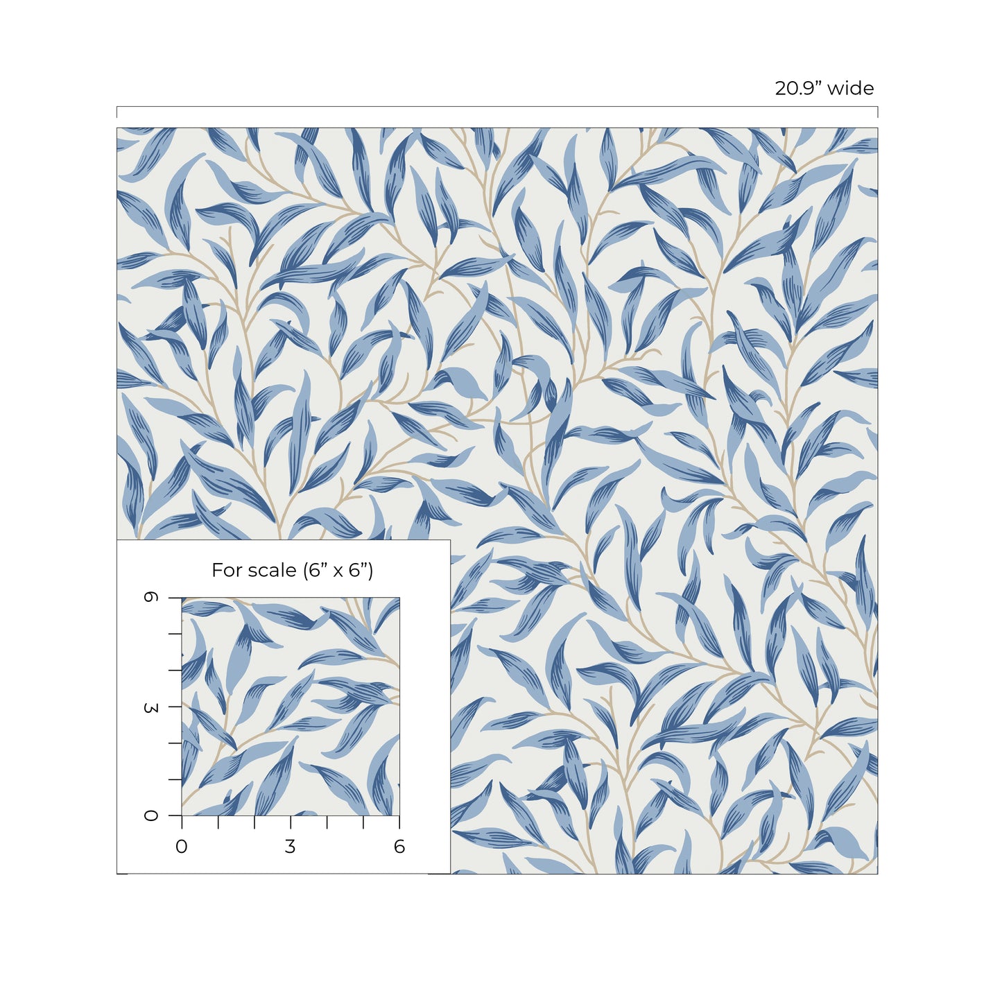 Blue Leafy Branches Peel & Stick Casa Mia Wallcovering scale.