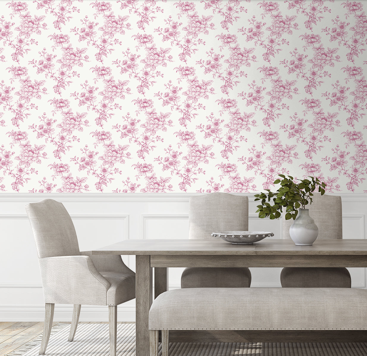 Dining room wall decorated with Pink Cherished Rose Peel & Stick Casa Mia Wallcovering, wooden table, and chairs.