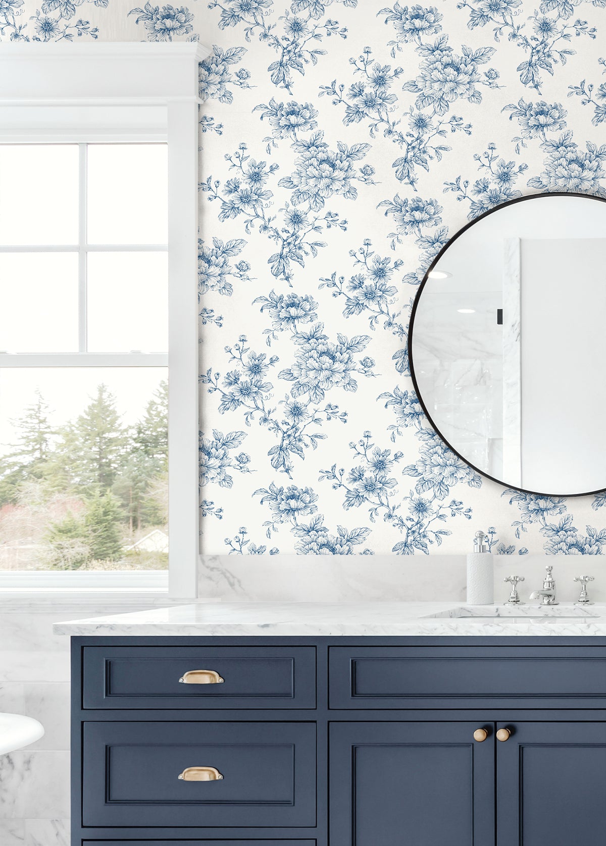 Bathroom wall decorated with Blue Cherished Rose Peel & Stick Casa Mia Wallcovering , navy vanity, and round mirror.