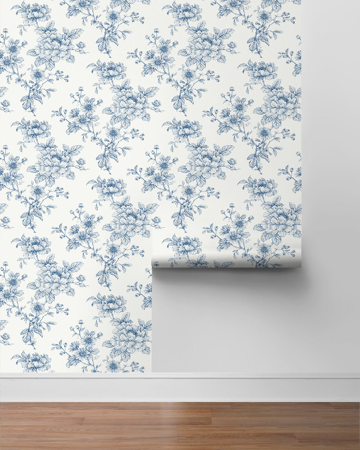 Blue Cherished Rose Peel & Stick Casa Mia Wallcovering sample roll.