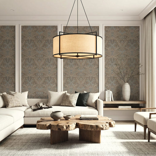 Modern living room with neutral sofas, a round chandelier, and Old Damask Wallpaper behind wooden coffee tables.