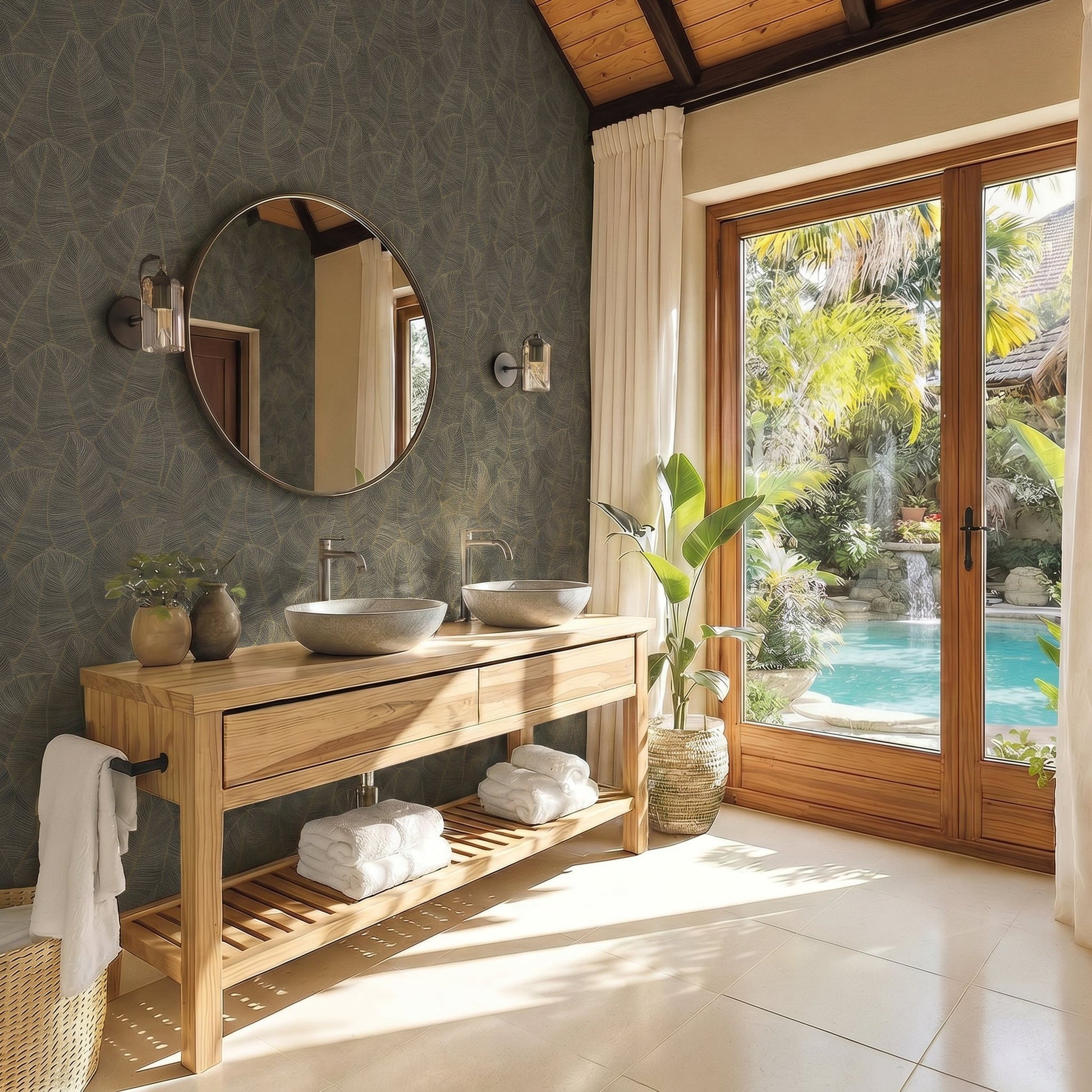 Bright bathroom with double sinks, round mirror, plants, and Metallic Leaf Wallpaper overlooking a tropical pool and garden.