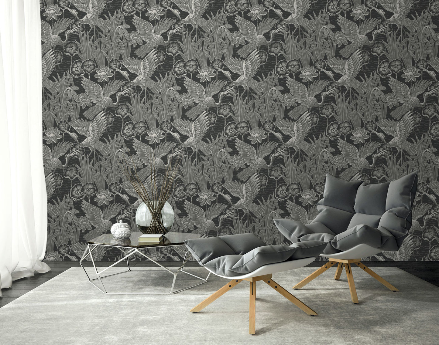 Modern living room with gray chairs and a wall decorated with Black Marsh Heron Wallpaper.
