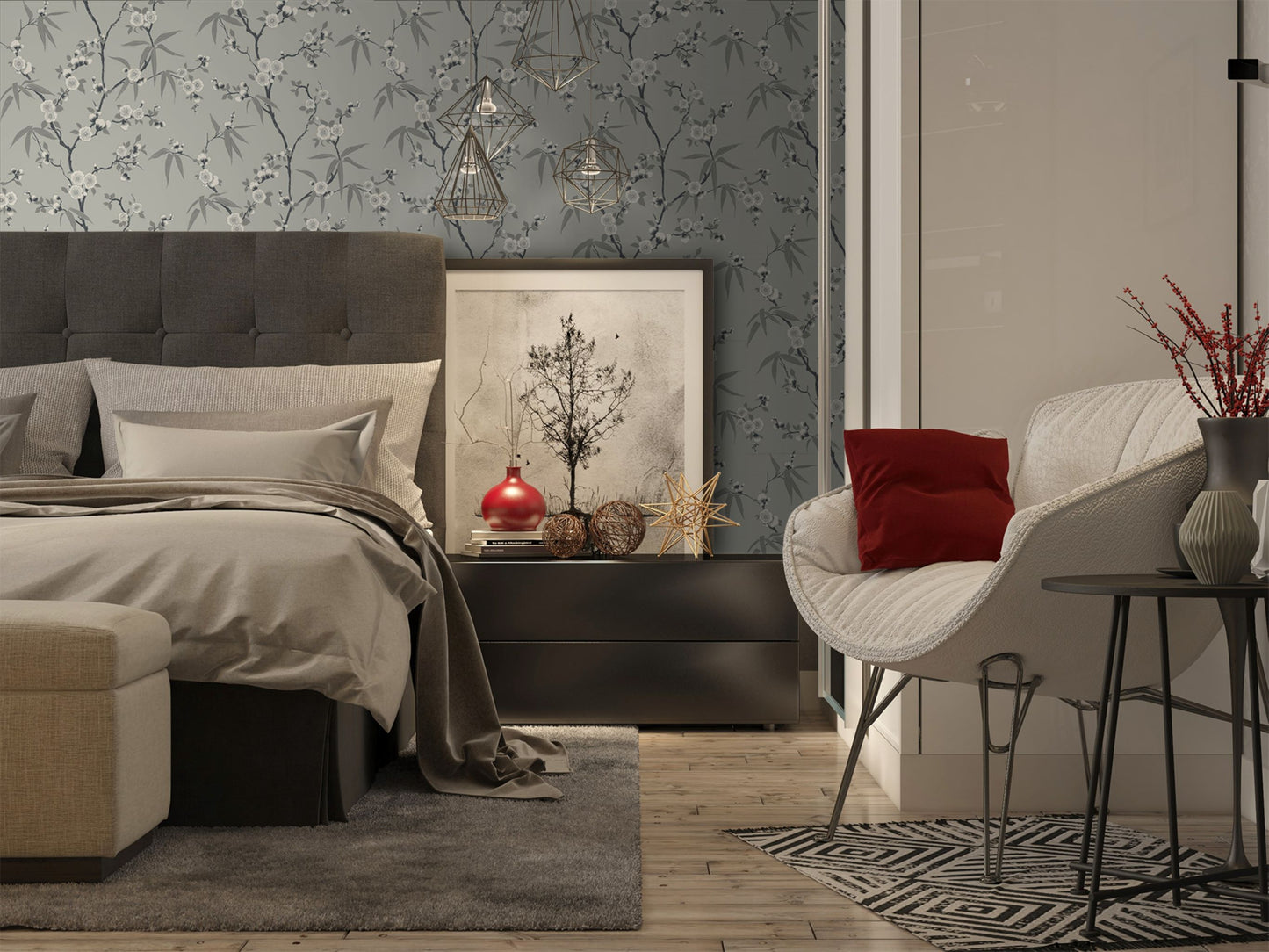 Modern bedroom with gray upholstered headboard, floral wallpaper, and decorative elements against a wall decorated with Gray Blossom Spring Flower Wallpaper.
