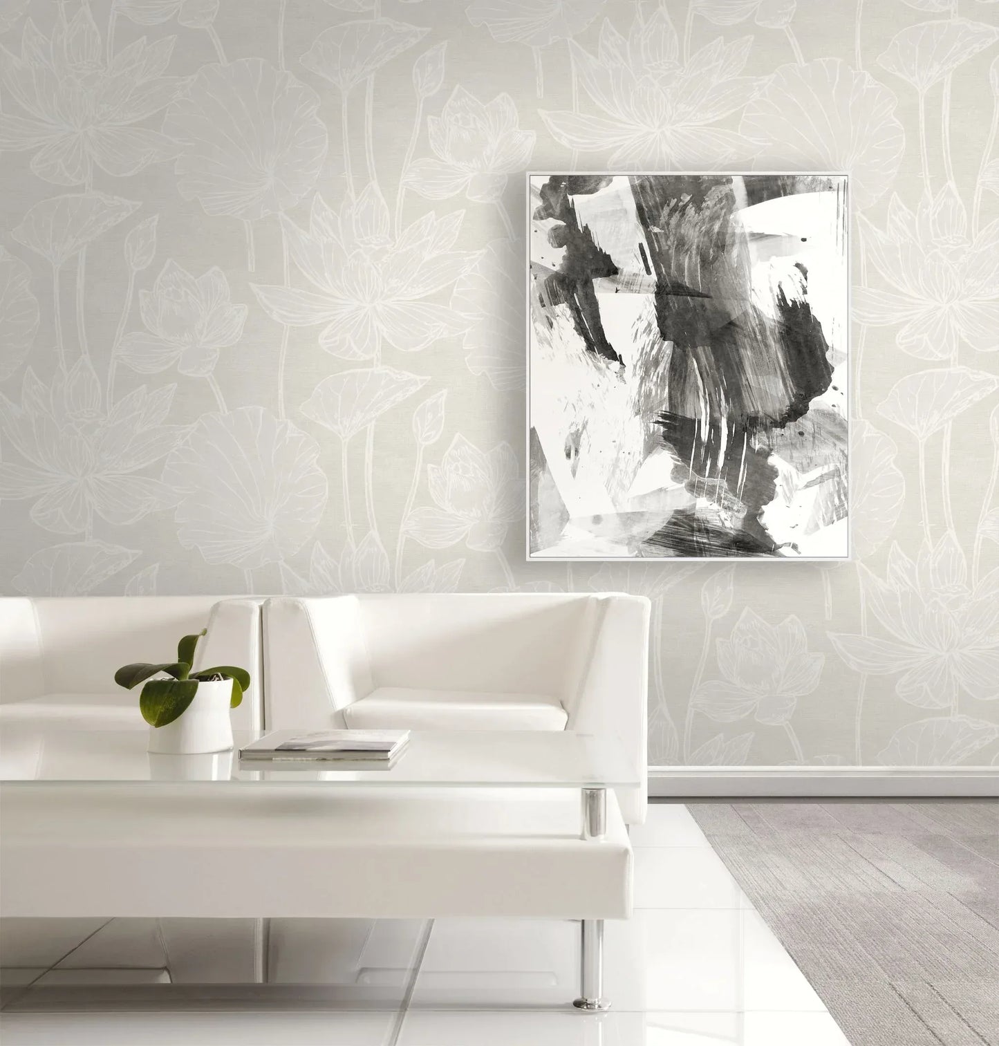Minimalist living room with white furniture, a small plant, abstract art, and Lily Flower Wallpaper.