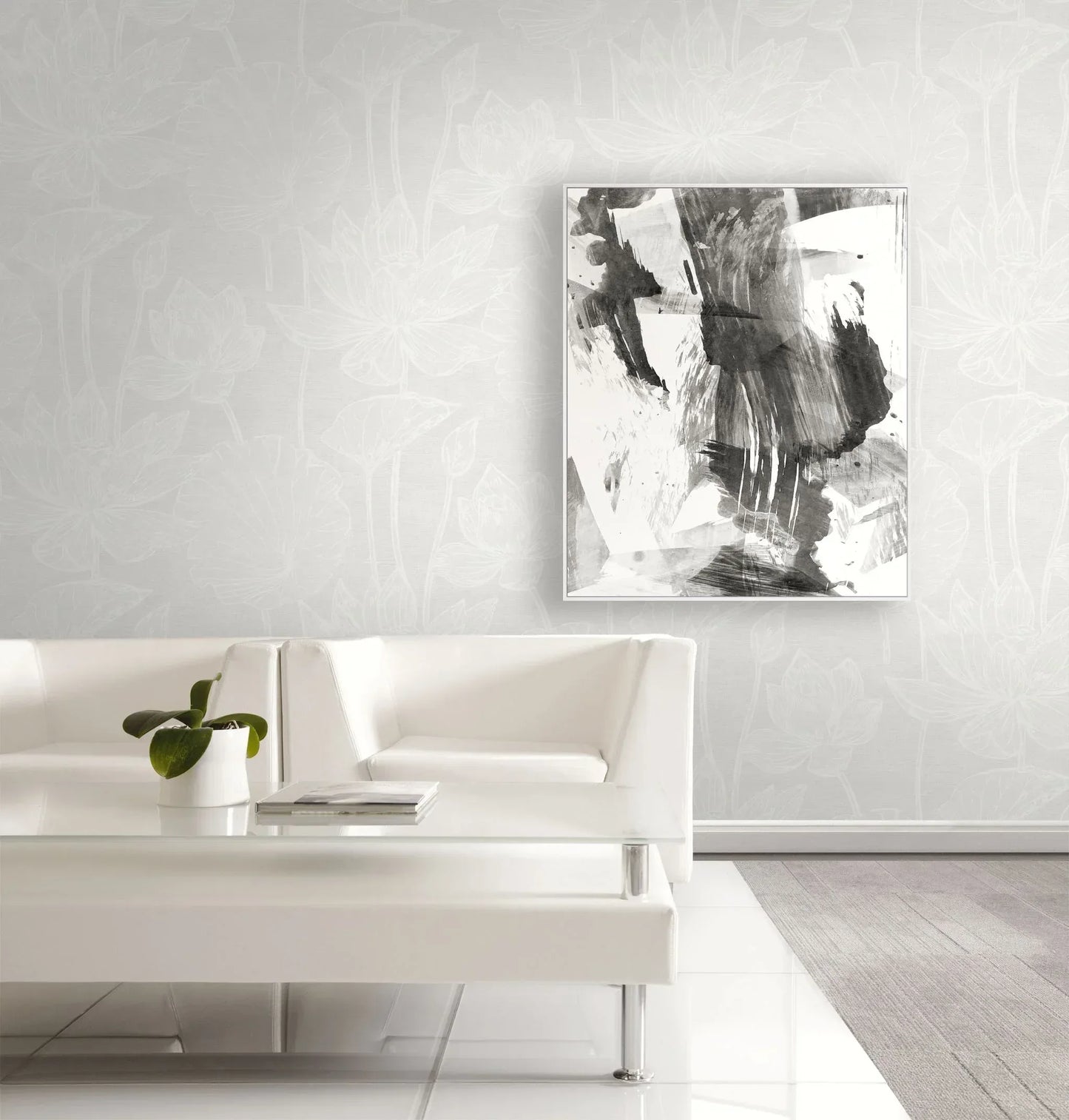 Minimalist living room with white sofa, plant, abstract art, and Lily Flower Wallpaper for a fresh, stylish look.
