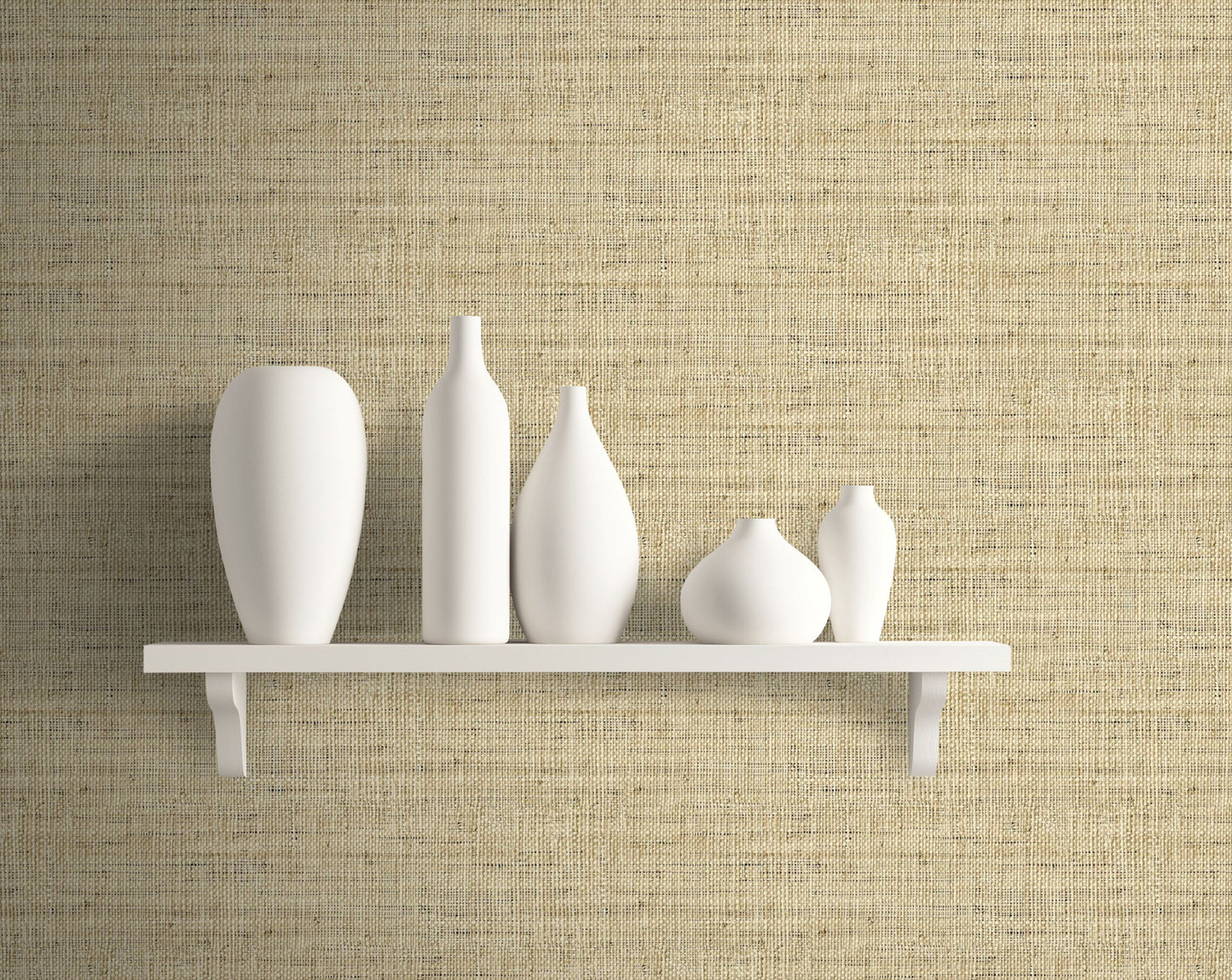 White vases on a white shelf against a wall decorated with Wheat Beige Linen Fabric Commercial & Vinyl.
