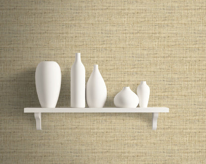 White vases on a white shelf against a wall decorated with Wheat Beige Linen Fabric Commercial & Vinyl.
