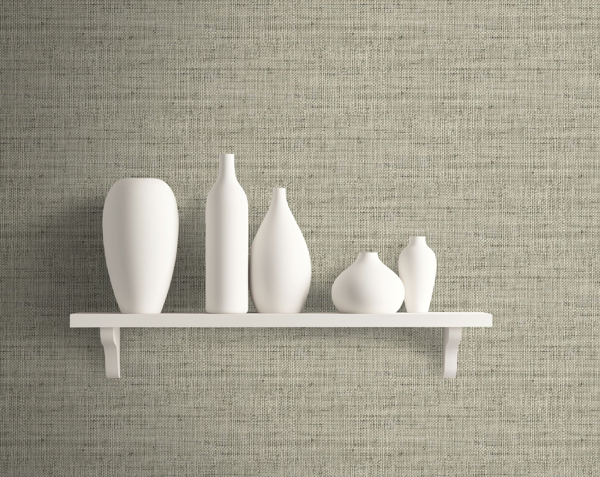 Set of white vases on a white shelf against a wall decorated with Gray Linen Fabric Commercial & Vinyl.
