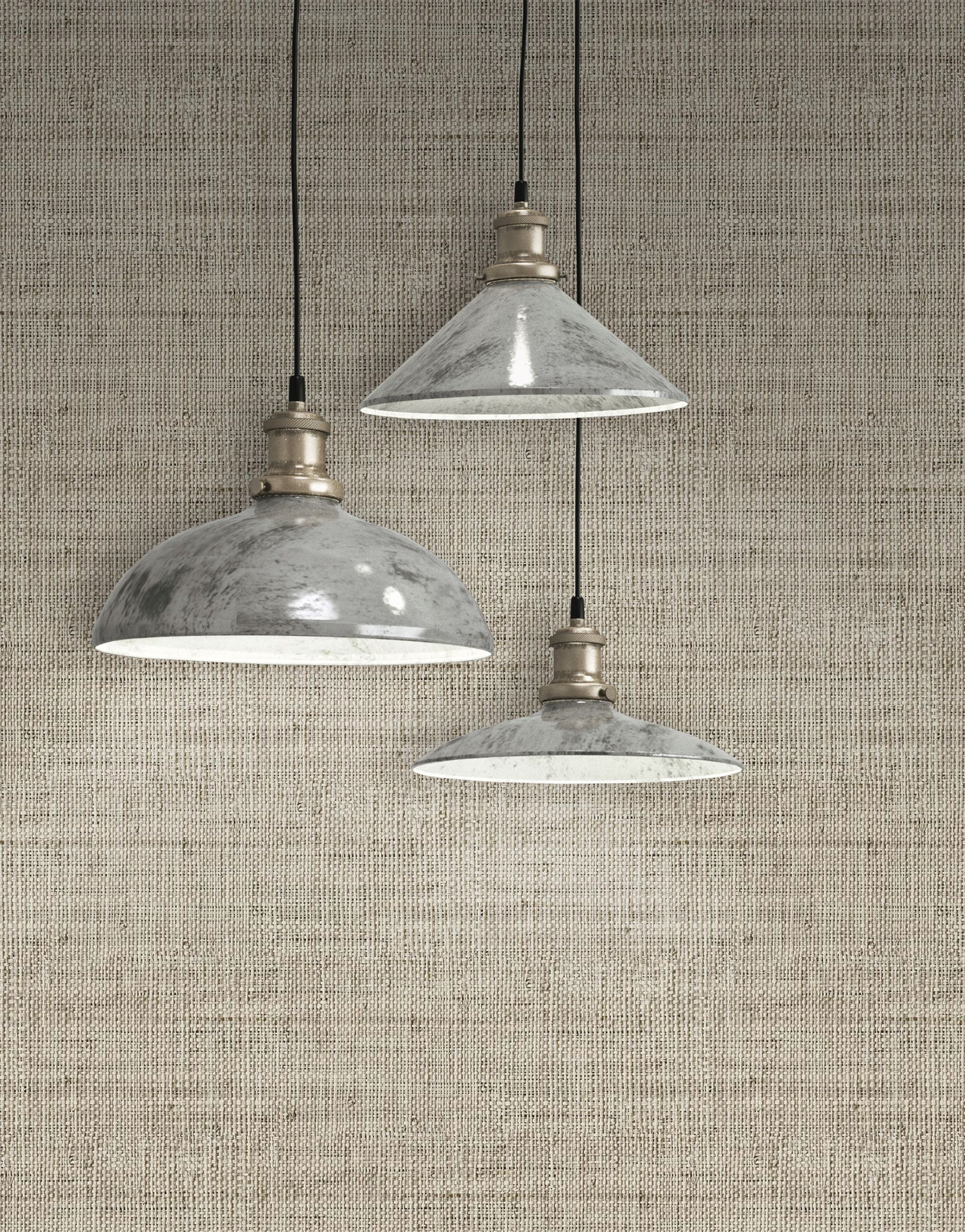 Three industrial-style pendant lights hanging against a wall decorated with Soft Brown Linen Fabric Commercial & Vinyl.
