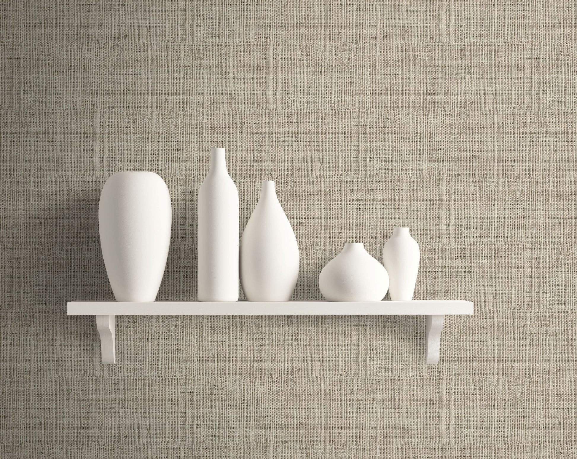 Set of white ceramic vases on a white shelf against a wall decorated with Soft Brown Linen Fabric Commercial & Vinyl.
