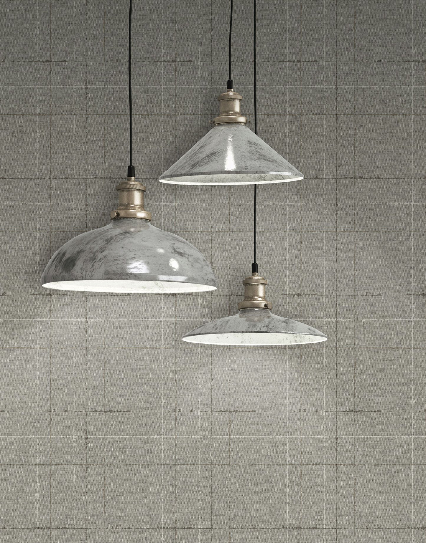Three industrial-style pendant lights hanging against a wall decorated with Ah Gray Plaid Texture Commercial & Vinyl.
