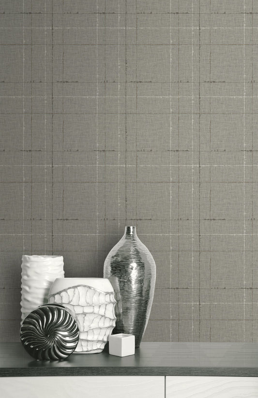Decorative vases on a shelf against a wall decorated with Ash Gray Plaid Texture Commercial & Vinyl.
