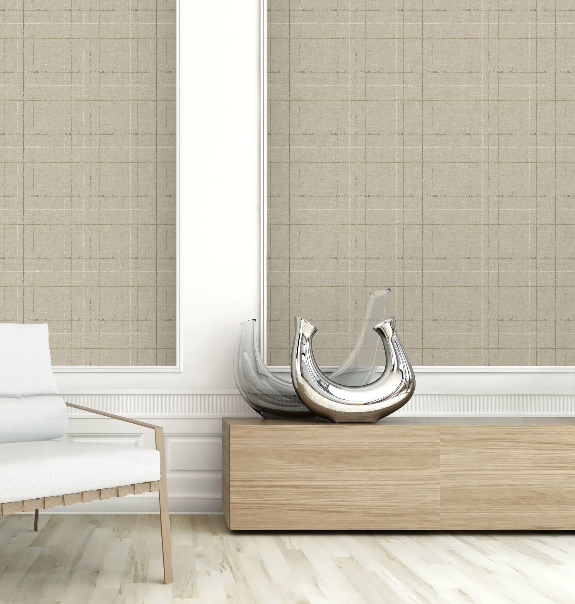 Wall Beige Plaid Texture Commercial & Vinyl in a room with a white chair and wooden console table.