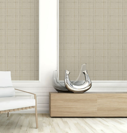 Wall Beige Plaid Texture Commercial & Vinyl in a room with a white chair and wooden console table.
