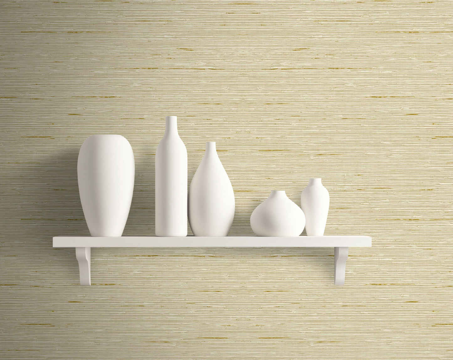 White vases on a white shelf against an Eggshell Beige Natural Weave Commercial & Vinyl.

