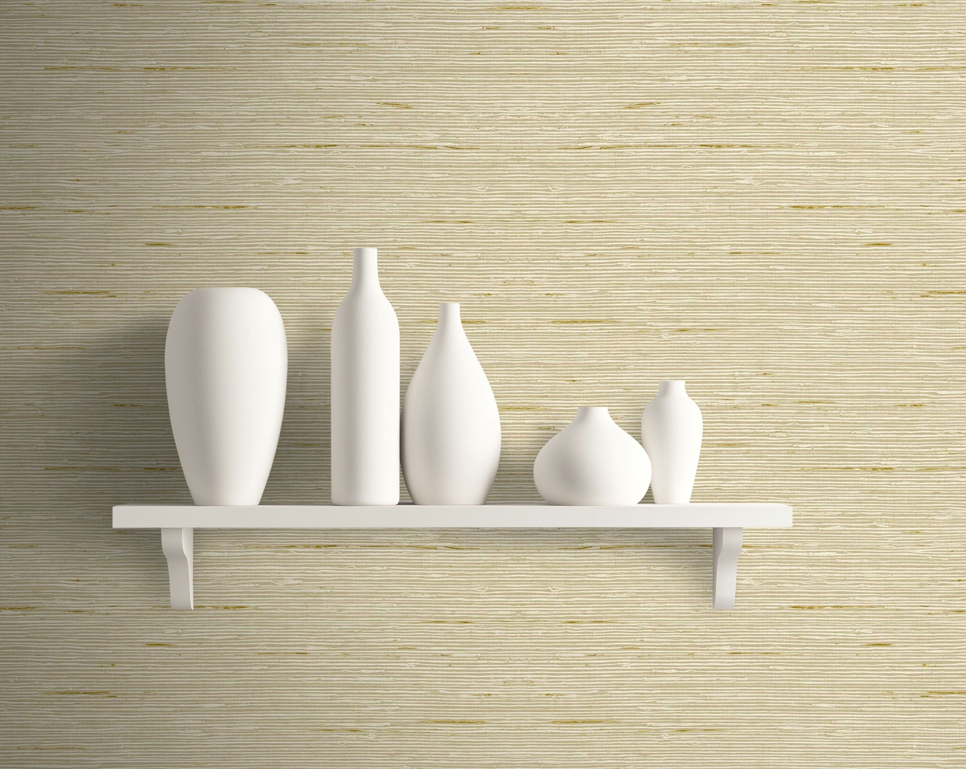 White vases on a white shelf against an Eggshell Beige Natural Weave Commercial & Vinyl.

