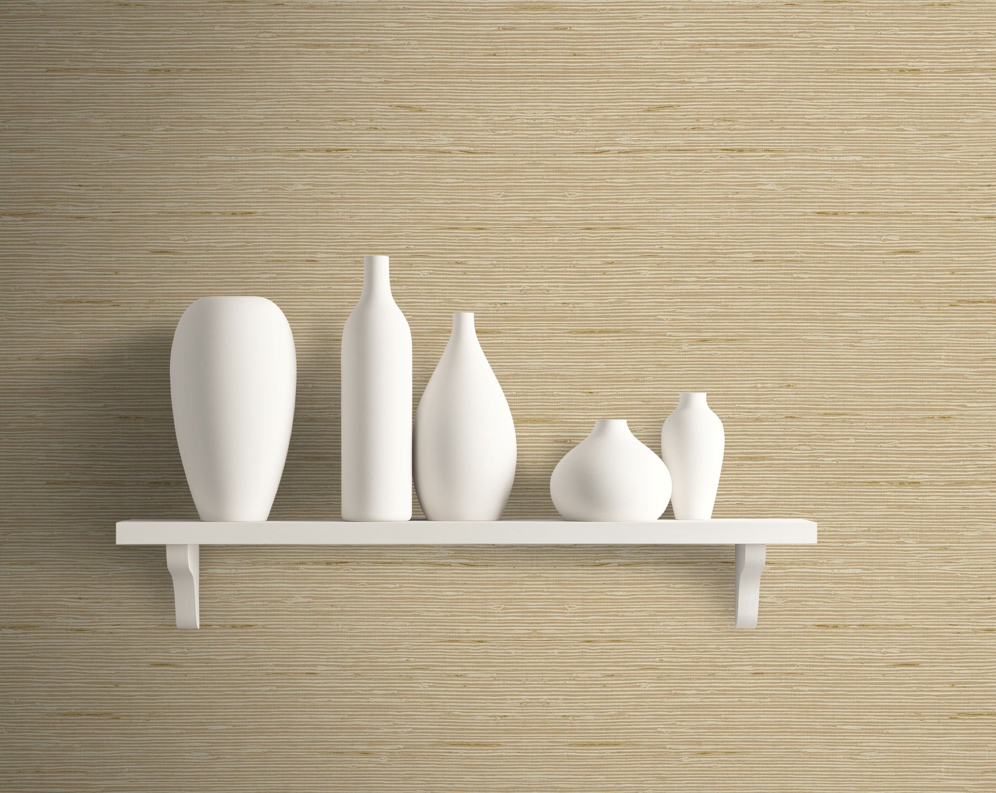 Set of white ceramic vases on a wooden shelf against a Parchment Beige Natural Weave Commercial & Vinyl.
