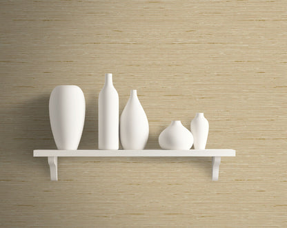 Set of white ceramic vases on a wooden shelf against a Parchment Beige Natural Weave Commercial & Vinyl.
