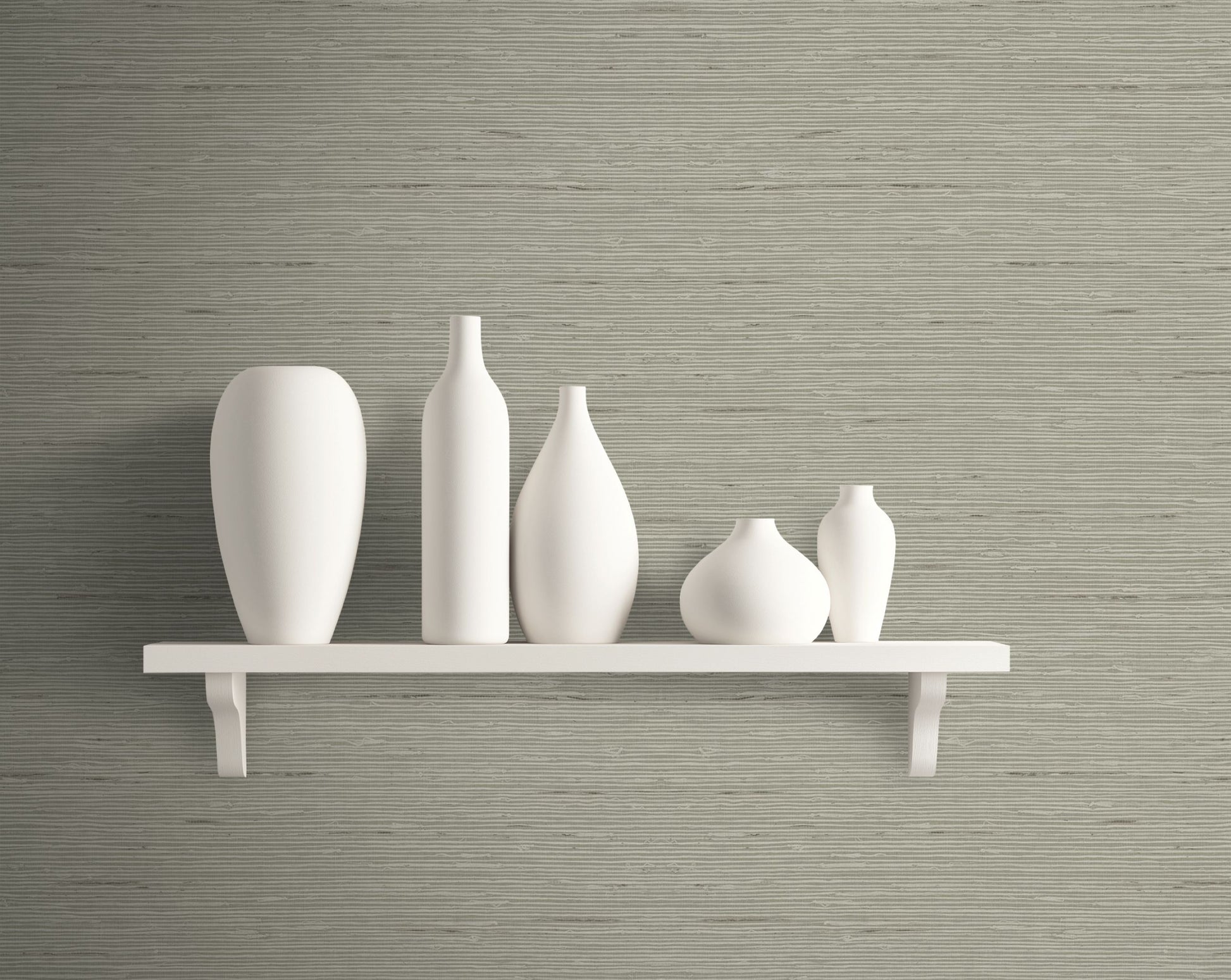 Set of white ceramic vases on a white shelf against a wall Mist Gray Natural Weave Commercial & Vinyl.
