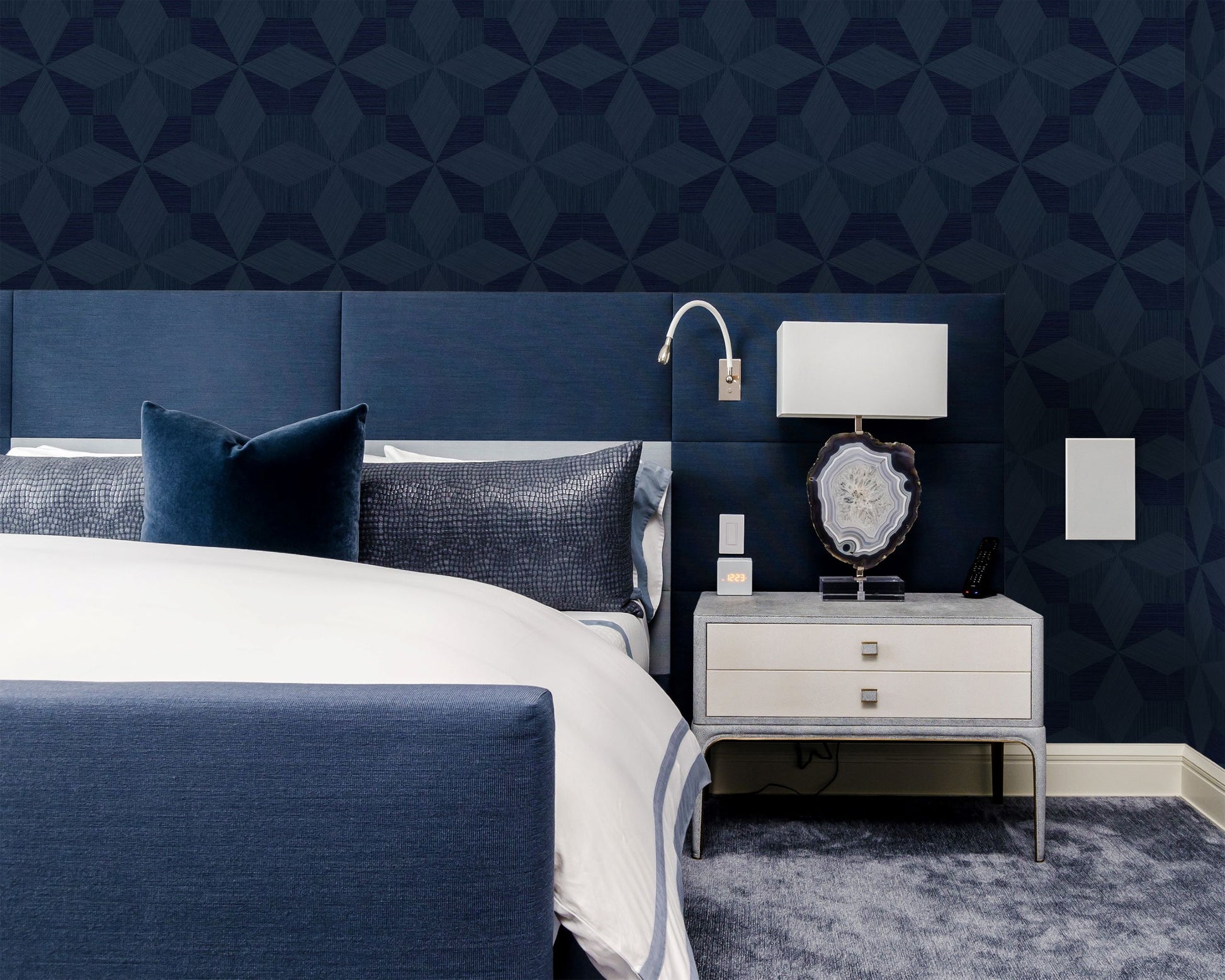 Modern bedroom with a wall decorated with Dark Slate Blue Texture Parquet Commercial & Vinyl, bed, and nightstand.