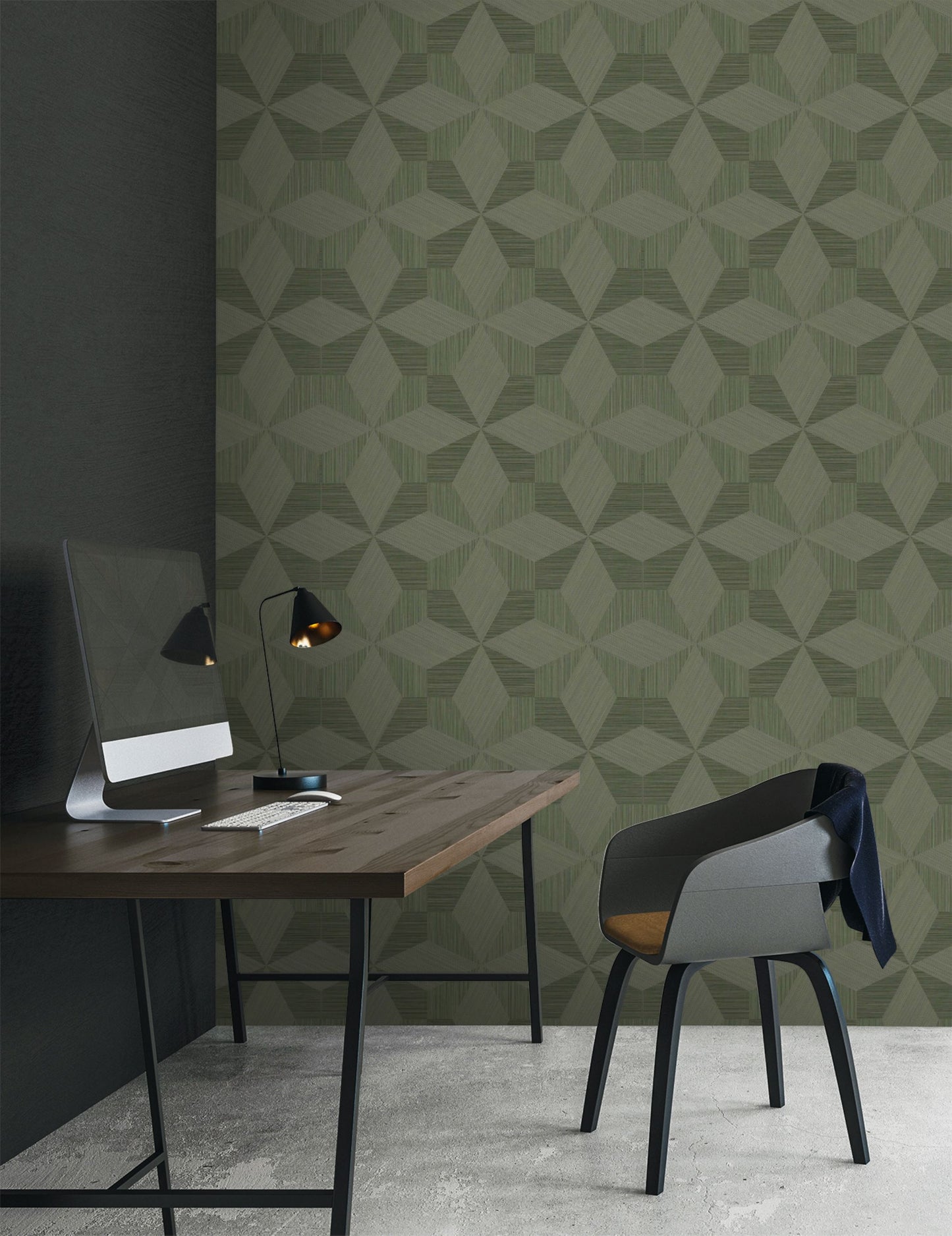 Modern office setup with a wall decorated with Sage Green Texture Parquet Commercial & Vinyl, desk, and chair.