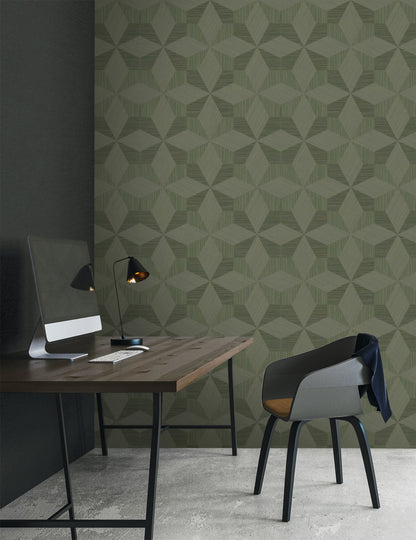 Modern office setup with a wall decorated with Sage Green Texture Parquet Commercial & Vinyl, desk, and chair.