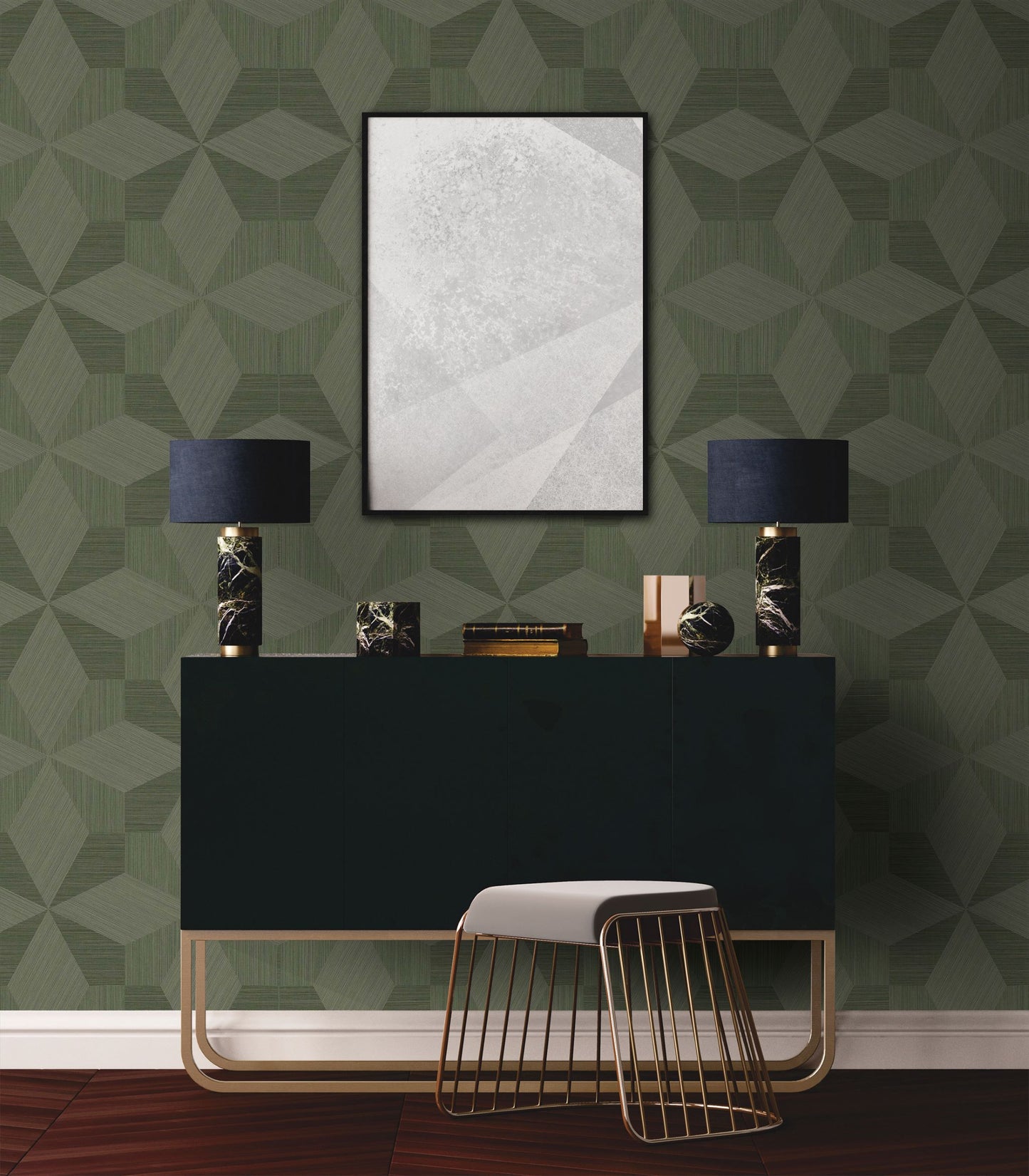 Modern interior with a dark console table, lamps, and abstract art against a wall decorated with Sage Green Texture Parquet Commercial & Vinyl.
