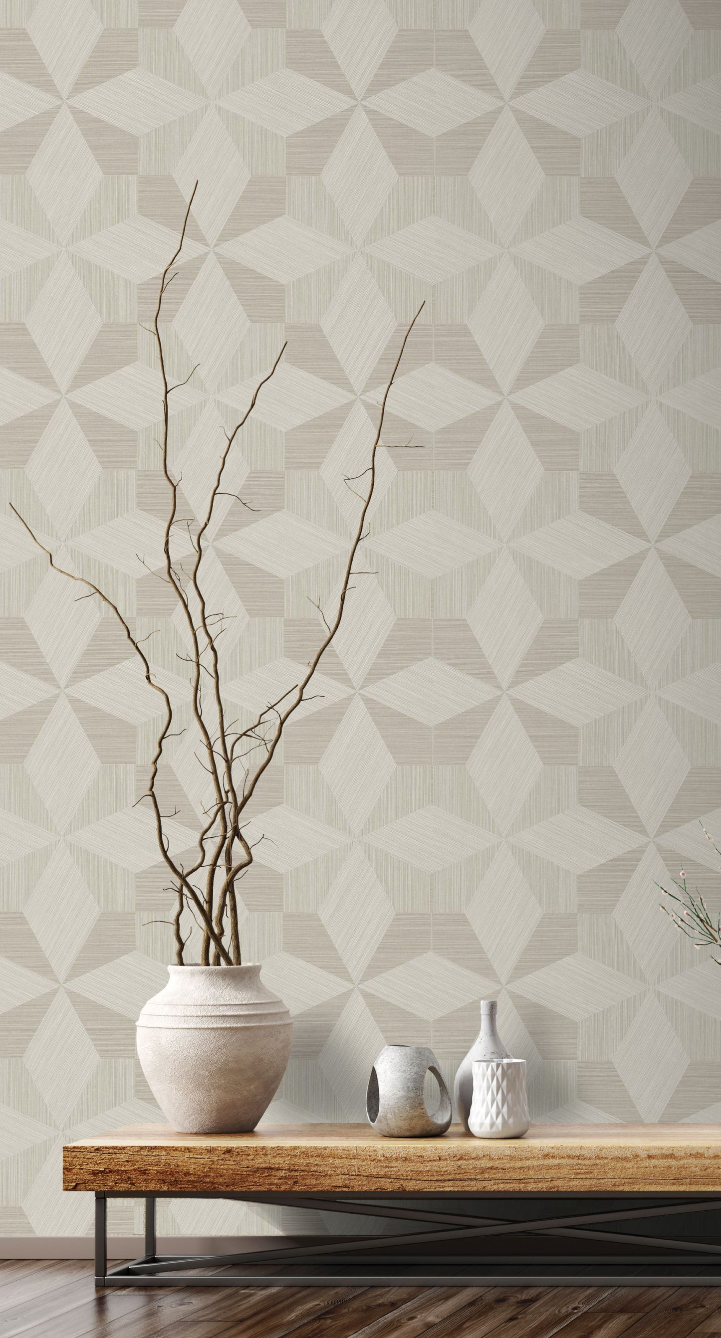 Vase with branches on a wooden table against a wall decorated with Beige & Cream Texture Parquet Commercial & Vinyl.
