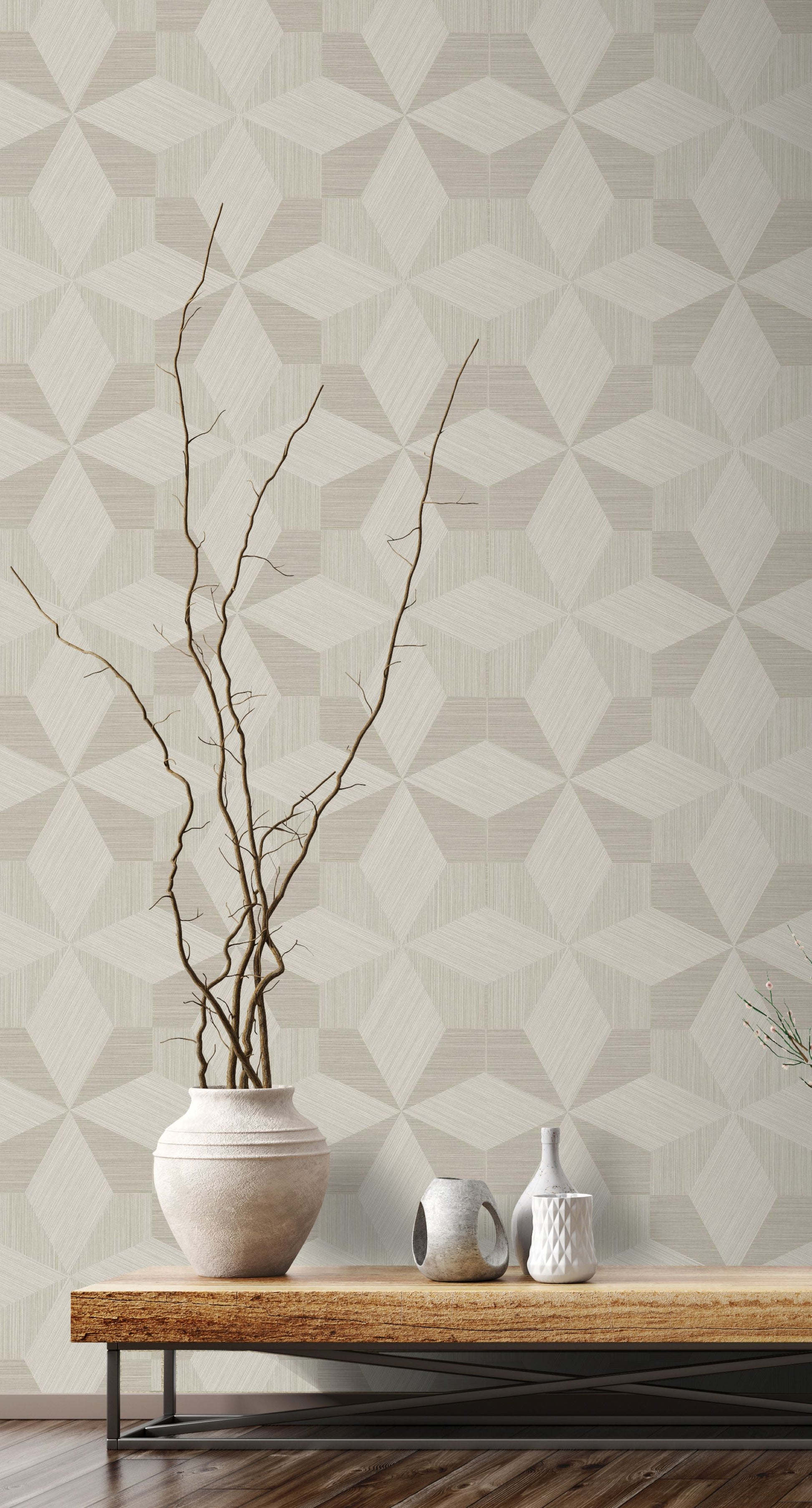Vase with branches on a wooden table against a wall decorated with Beige & Cream Texture Parquet Commercial & Vinyl.
