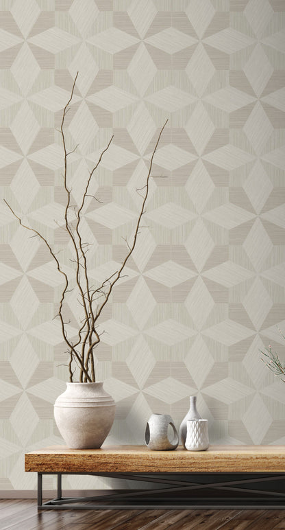 Vase with branches on a wooden table against a wall decorated with Beige & Cream Texture Parquet Commercial & Vinyl.
