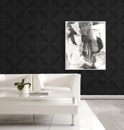 Abstract black and white painting on a wall decorated with Black Night Texture Parquet Commercial & Vinyl with a white sofa and plant.