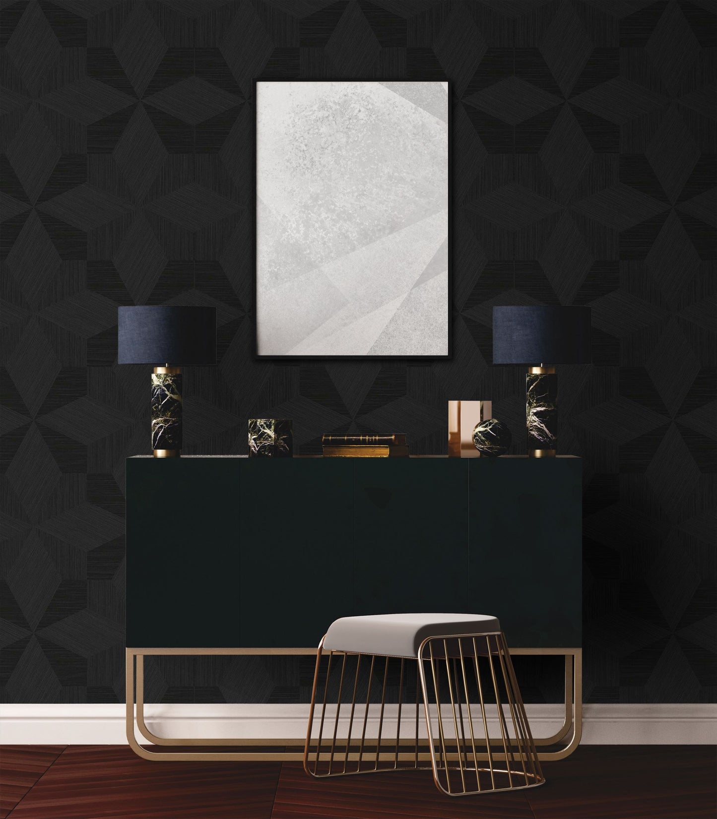 Modern interior with a black console table against a wall decorated with Black Night Texture Parquet Commercial & Vinyl.
