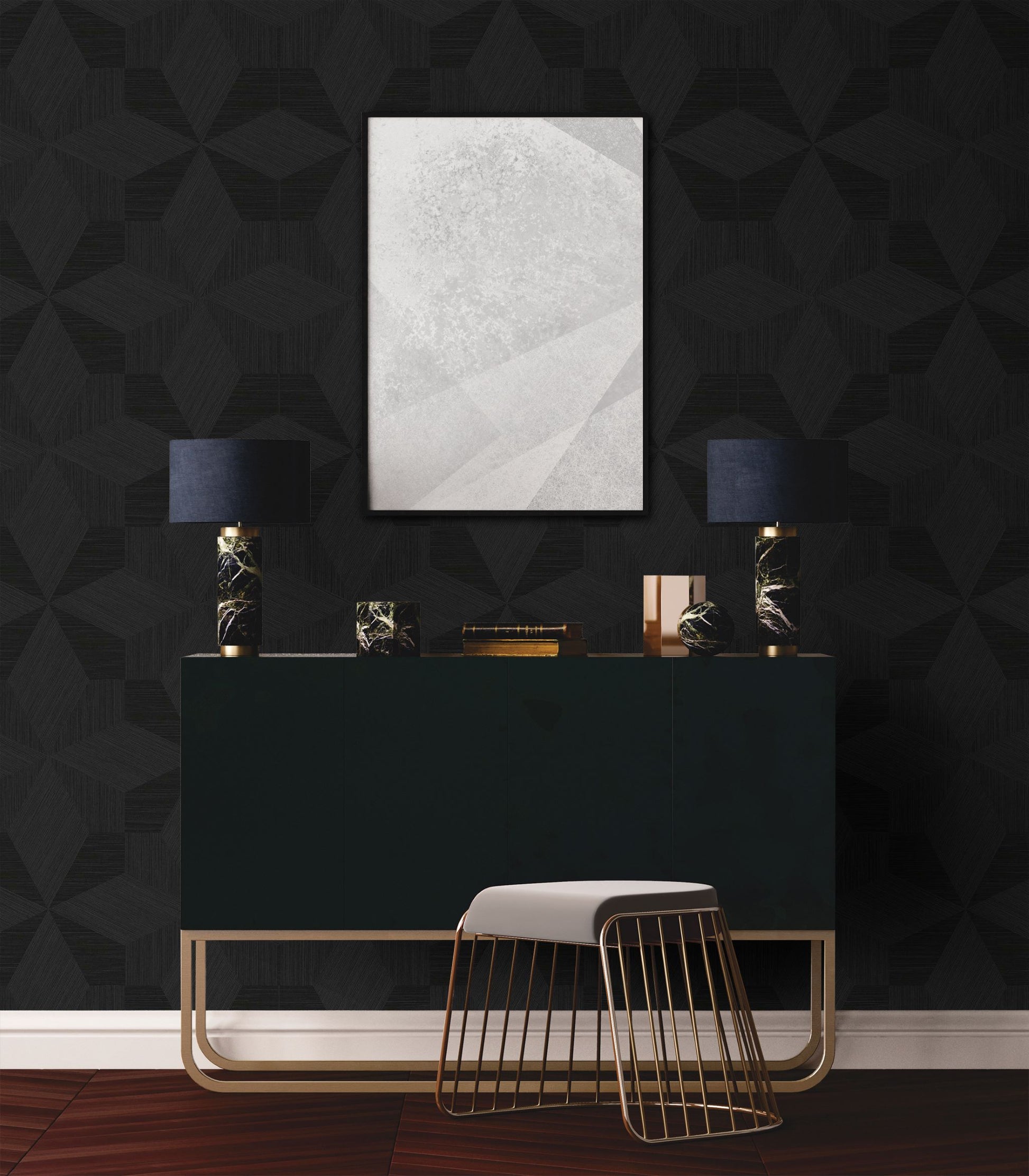 Modern interior with a black console table against a wall decorated with Black Night Texture Parquet Commercial & Vinyl.
