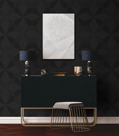 Modern interior with a black console table against a wall decorated with Black Night Texture Parquet Commercial & Vinyl.

