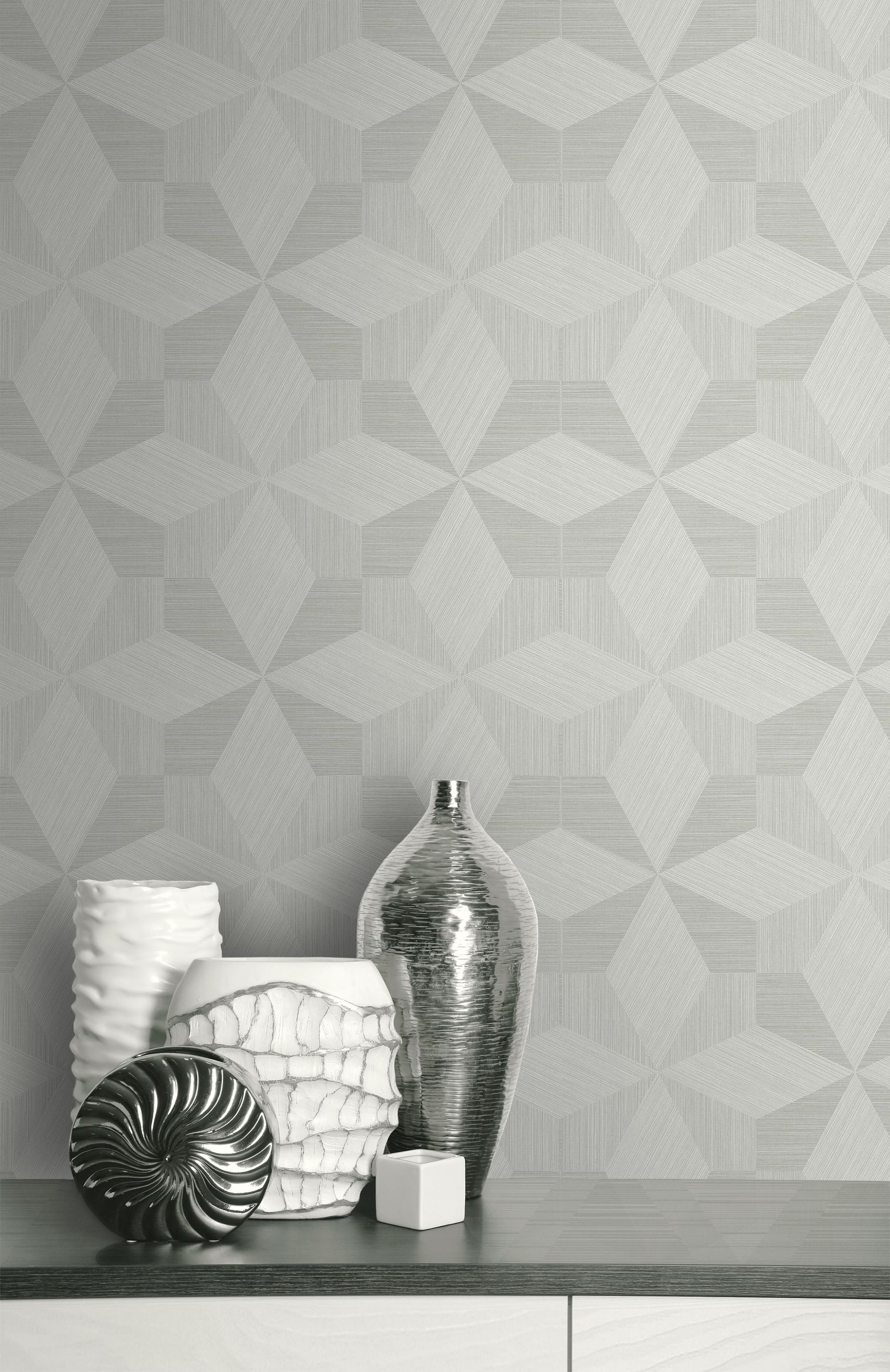 Decorative vases on a shelf against a wall decorated with Gray Texture Parquet Commercial & Vinyl.
