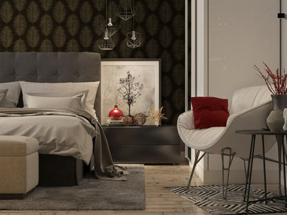 Modern bedroom with bed, nightstand, and chair against a wall decorated with Brown Grasslands Leaf Commercial & Vinyl.
