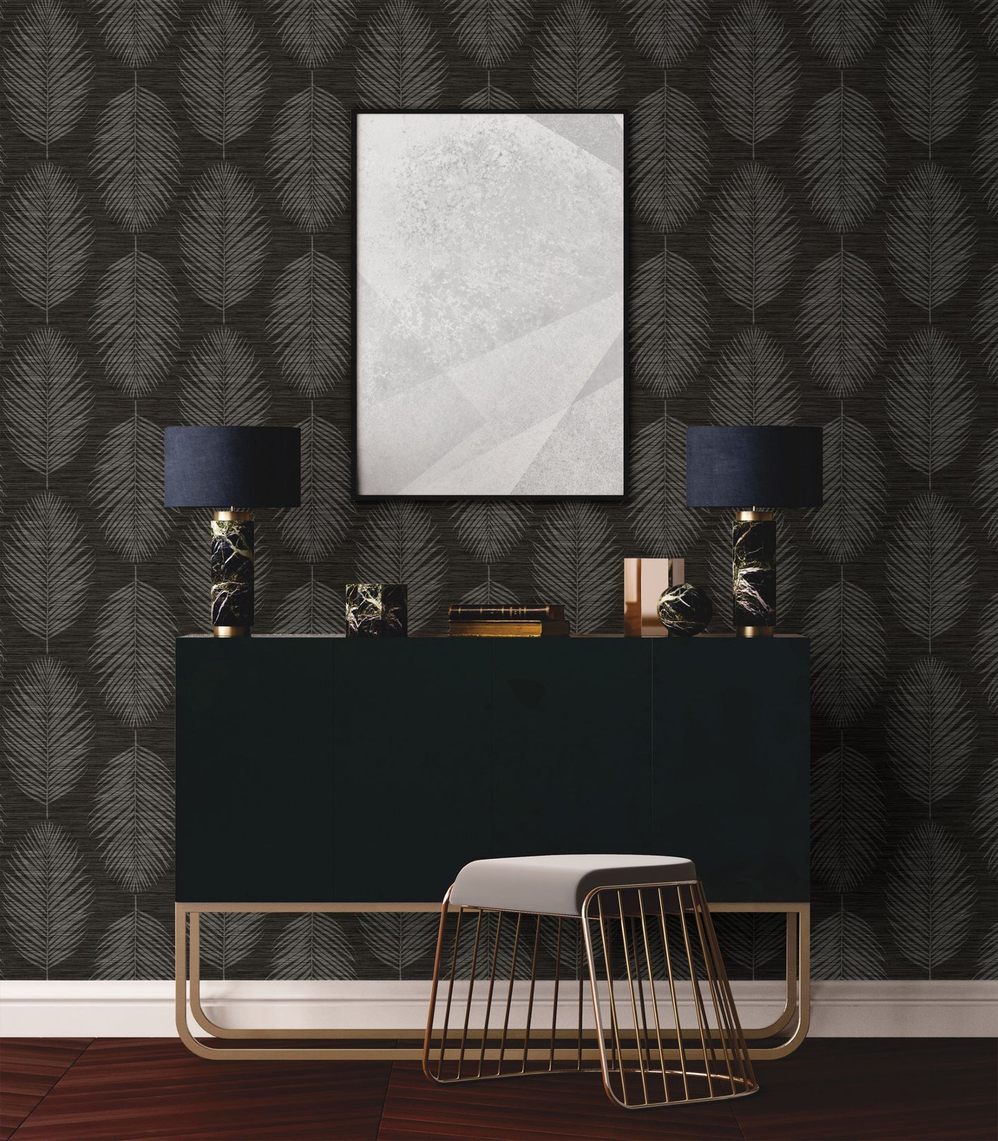 Modern interior design with wall decorated with Gray Grasslands Leaf Commercial & Vinyl, abstract art, and decorative items.