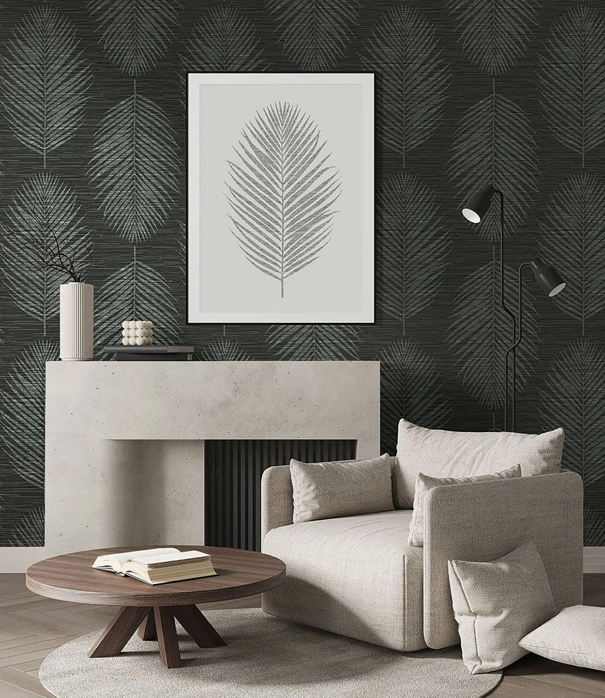 Modern living room with a beige armchair, round coffee table, and Grasslands Leaf Commercial Vinyl wallpaper.